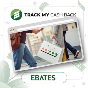 Screenshot of Ebates.com showcasing 'Track My Cash Back' feature. Clean design, user-friendly interface, and interactive elements. Bottom of the page displays Ebates logo in neutral colors with green accents.