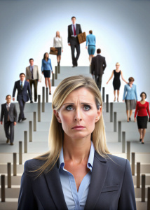 Crie uma imagem que represente uma mulhe com as dificuldades da sobrevivência em uma sociedade extremamente concorrente quase que obriga a mulher abandonar a liderança e organização da família para buscar o complemento da renda familiar, muitas das vezes por sua extrema capacidade de ambientação e profissionalização torna-se importante no mercado escolhido. 