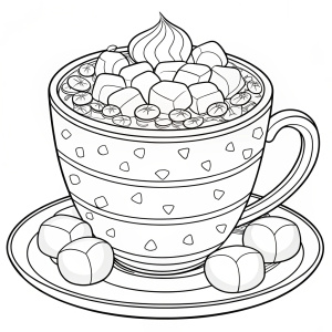  Coloring pages,Hot chocolate with marshmallows, black and white line art