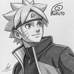 A black and white illustration of Boruto. Bold lines and detailed shading highlight his confident expression. The artist's signature 'BORUTO' accompanies the piece. Created with a sketch pen, the drawing captures the character's essence.