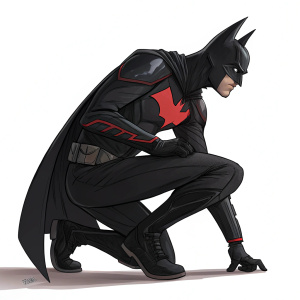 Crouching figure of a superhero. Batman Beyond, wearing black suit with red symbol. On plain white background.