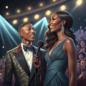 Pharrell Williams and Naomi Campbell at a glamorous award show. Bright stage lights and a cheering audience in the background.