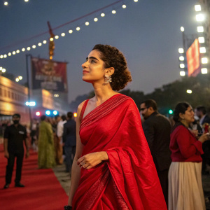 Sanya Malhotra in a vibrant red saree, attending a film festival. Crowded outdoor event, evening lighting