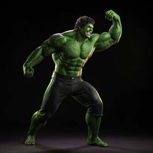 Muscular green figure resembling Hulk. Poses in fierce stance, flexed muscles, with menacing grin. Background a stark black. Cinematic lighting