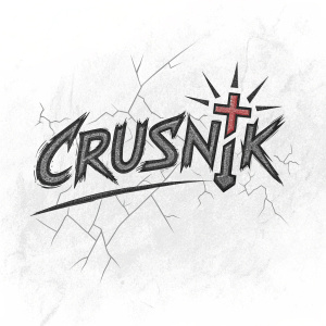 The Crusnik logo design. Rough sketch style. Aggressive, jagged lettering. Simple cross symbol as key element. Bold, expressive lines