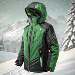Green and black Descente Boy's Dane Snowboard Jacket. Sleek design for winter sports.