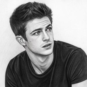 Grant Gustin, celebrity sketch. Charcoal drawing. Large, detailed eyes, black t-shirt