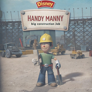 DVD cover for 'Handy Manny: Big Construction Job'. Features Manny in yellow hard hat, green shirt. Vibrant cartoon illustration with bustling construction site backdrop. Disney logo prominently displayed. Playful, colorful theme.