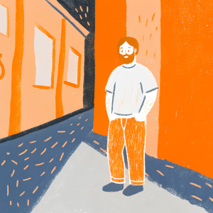 Zach Galifianakis in a casual outfit. Wearing a t-shirt and jeans. Standing in a dimly lit alleyway with graffiti-covered walls.