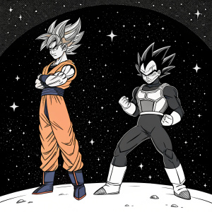 Illustration of Goku and Vegeta from Dragon Ball Z, rendered in black and white. Standing against a starry night sky background.