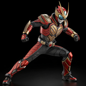 Kamen Rider Ryuki figure in an action pose. Black background, detailed armor design
