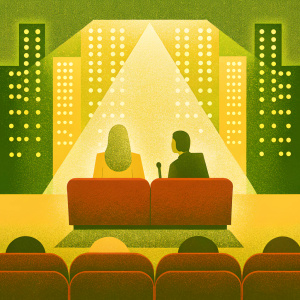 Laura Dern sitting on a red couch, interviewing Jay Leno. Studio audience visible. Neon city lights behind them