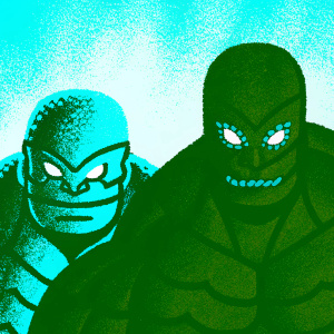 Digital artwork featuring Dota 2 characters. A muscular blue creature and a scaly yellow creature, both with fierce expressions. Pastel colored background, bold outlines and vibrant colors.