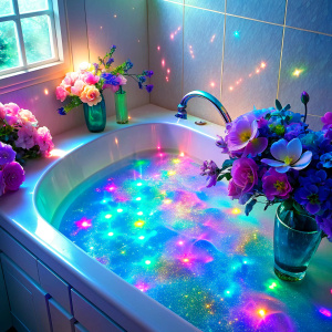 close bathroom  tub with water flowers  glitter light color pastel sunset glowing effect  Photoshop Photo Manipulations    Dreamscape     very much glitter sparkly ultra intense crystal effect fantasized glam Sprinkle Shimmering Bioluminescent fairytale masterpiece  Magical   Shimmering   Ultra Holographic liquid Patent Spandex Vinyl iridescence UV Glow Rainbow