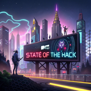 A digital billboard for MTV's 'State of the Hack' event. Cyberpunk cityscape in the background