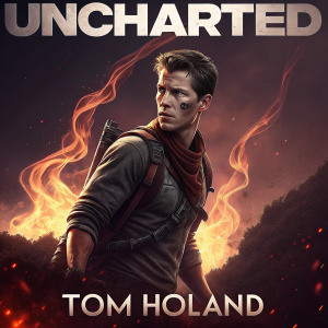 Movie poster for 'Uncharted'. Dark, fiery background. Tom Holland in action pose. Title 'Uncharted' and 'Tom Holland' in bold, white font at the top and bottom respectively.