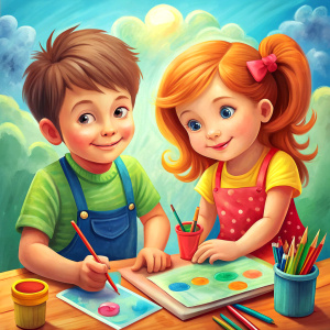 niño y niña pintando