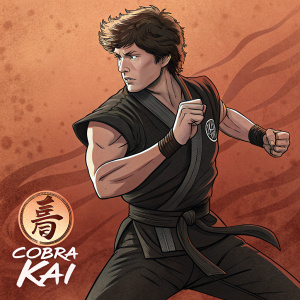 Promotional artwork for 'Cobra Kai' season 3. Dynamic image of Johnny Lawrence in a combat stance. Dark spiky hair, intense expression. Set against a deep orange background with the DVD logo in the corner.