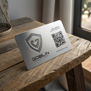 A sleek, minimalist business card for Goblin. Shiny metallic logo and qr code. Placed on a rustic wooden desk.