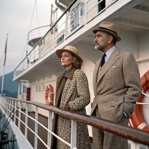 Lauren Bacall and Sean Connery on the deck of a grand ocean liner set for Murder on the Orient Express. Lauren dons a khaki hat and patterned jacket, Sean in a classic plaid suit. The scene is framed by the ship's intricate railing and life preservers.