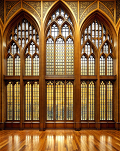 grand lobby wood hight wall hight 4 window gothic glass- high-definition - brown and black wood wall- old wood grey background 