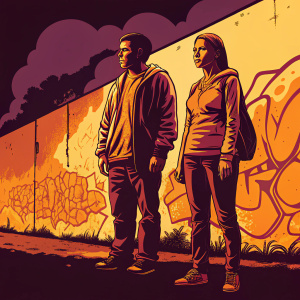David Krumholtz and Vanessa Britting, dressed in casual attire, stand in front of a graffiti-covered concrete wall at a street festival.