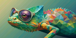 chameleon wearing sunglasses on a solid color background, vector art, digital art, faceted, minimal, abstract, panorama background. Generative AI.