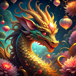 A majestic golden dragon with intricate scales and piercing eyes. The gold baby dragon is surrounded by an array of colorful Chinese lanterns, which cast a warm, festive glow over the scene. A white rabbit is waving hand to the dragon. In the background, an impressive fireworks display illuminates the night sky, contributing to the festive atmosphere. The overall composition is dynamic and visu