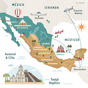 Detailed map of Mexico with cultural landmarks and regions highlighted. Infographic style.