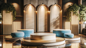 Minimalist stage design, podium display, blue and white color scheme, clean background, product photography, studio lighting, C4D rendering, high resolution, great detail, soft light, simple background, three-dimensional effect, 3D product display, five circular pedestal display platform in the style of product display.






