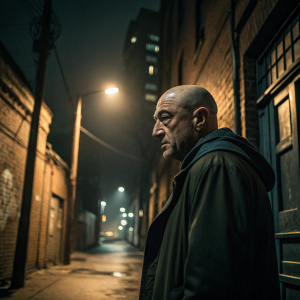 Robert De Niro, bald, intense glare, gritty urban alleyway at night.