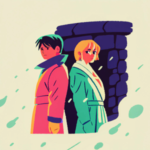 Digital artwork depicting Roy Mustang and Riza Hawkeye from Fullmetal Alchemist. Roy Mustang, intense gaze, left side. Riza Hawkeye, steadfast expression, right side. Dark, stone-like structure background, creating dramatic mood