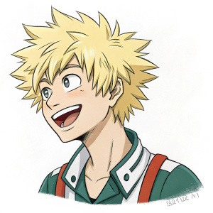 Sketch of Bakugou Katsuki, blonde hair, smiling. Cartoon style, against white background
