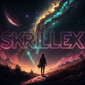Digital art for Skrillex's latest album. Dark, cosmic theme. Nebulae swirls and neon 'skrillex' in bold font