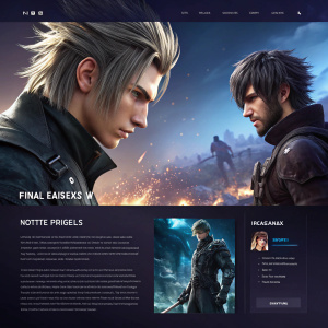 Website showcasing Final Fantasy XV with detailed character profiles and dramatic battle screenshots.
