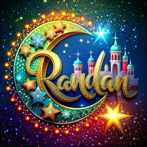 The word Ramadan is written in beautiful, bright letters