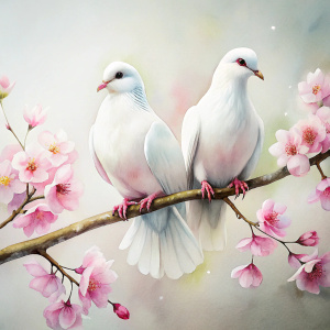 spring, Two white doves are sitting on a branch of a blooming sakura, realism, botanical art, watercolor, soft light, light background