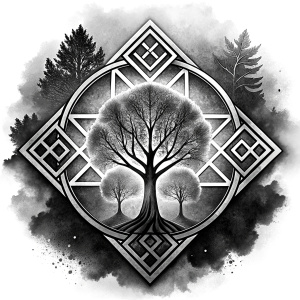 vegvisir geometric symbols - ragnar and trees - tattoo design - perfect realistic art - high-definition - grey and black - white background 