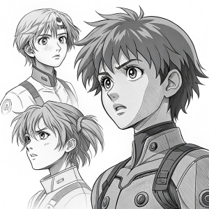 A detailed sketch of characters from Neon Genesis Evangelion. Various poses with emphasis on facial expressions. Line art with varying thickness and texture