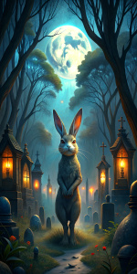 medieval rabbit in a cemetery at night