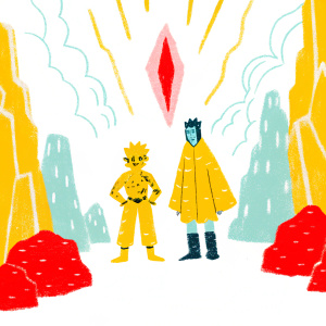 Naruto Kurama and Sasuke Susanoo from Boruto. Epic fantasy scene with dramatic rock formations and glowing crystals in a mix of purple and blue hues.