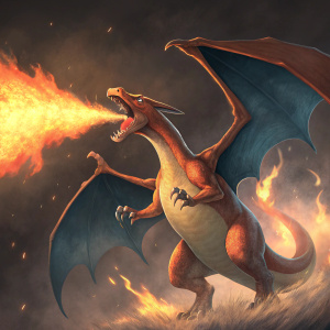 Charizard, the powerful Pokémon, in an action-packed pose. Dark, dynamic background with swirling smoke and fiery effects.
