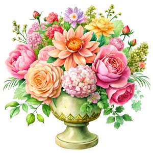 Watercolor image ,orange chrysanthemum, pink daffodil ,pale roses pink Damarions,pink Ranunculus viburnum ,rose pink wax flower ,ruby pink dandelion ,calla , pink geranium,green Bougainvillea , a Yellow Porcelain Luxury Chinese Vintage Vase with green ornaments ,on a white wall, watercolor