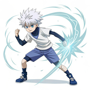 Killua Zoldyck, the steadfast warrior from Hunter x Hunter, stands ready for combat. Digital illustration showing his determined expression, surrounded by swirling energy. Against a stark white background, his animated figure exudes an ethereal vibrancy.