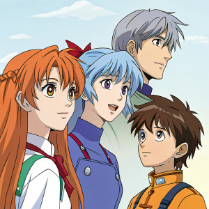 Cartoon illustration featuring characters from Neon Genesis Evangelion. Long orange hair female, striking blue hair female, spiky gray hair male, mixed brown and lighter hair tones male. Vibrant colors and detailed designs