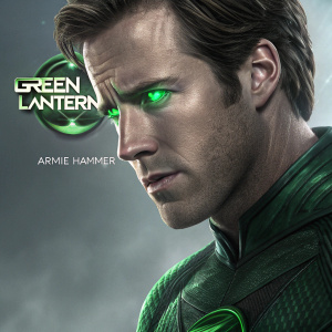 Illustration of Armie Hammer as Green Lantern. Close-up of his face and upper body. Textured skin and glowing green eyes. Film logo subtly included in the design.