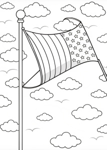 
create a black and white coloring page with American flag-themed wind sock with a thick outline for kids
