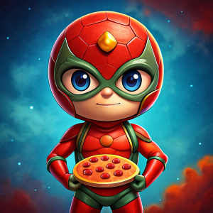 
Draw a superhero character with a pizza-themed suit, it has to be fun and cute