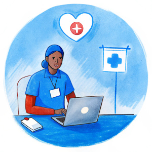 una persona trabajando en el sector humanitario de los refugiados, un dibujo muy sencillo 