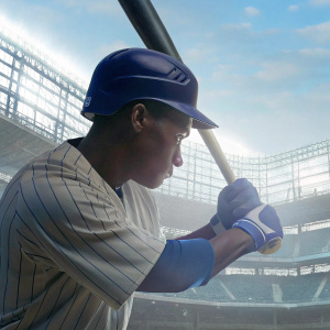 Addison Russell, Chicago Cubs, batting stance. Wrigley Field background, blue sky